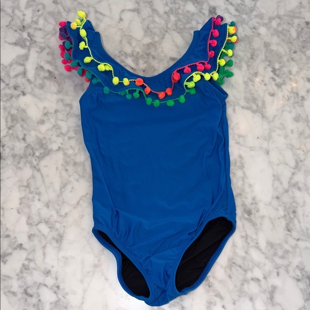 PQ Kids Swim Blue One-Piece with Multicolor Pom-Poms